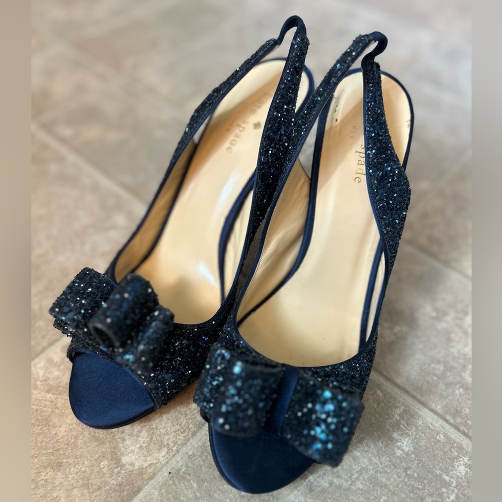 kate spade navy glitter bow slingback peep-toe heels